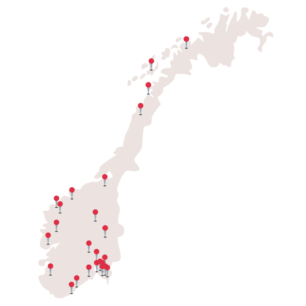 Tegnet kart over norge, med nåler som viser alle stedene i norge som har LPP lokallag.
