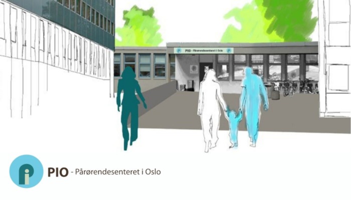 Bilde av Pårørendesenteret i Oslo. PIO Senteret tegnet i bakgrunnen med mennesker i hel farge i front